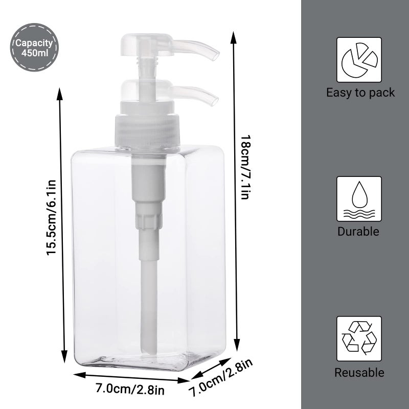 SUREAM Clear Empty Pump Bottles 6 Pack, 15oz/450ml Plastic Refillable Square Containers for Essential Oil Soap Lotion Shampoo Conditioner, Large Hand Pump Dispensers for Bathroom and Kitchen Sink Use - Image 3